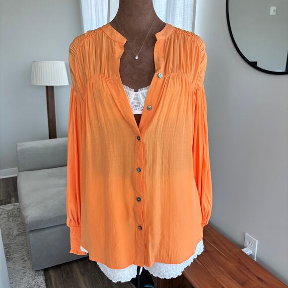 entro Tops - Entro Bright Apricot Orange Puff Sleeve Blouse Button Front Semi Sheer Size S
